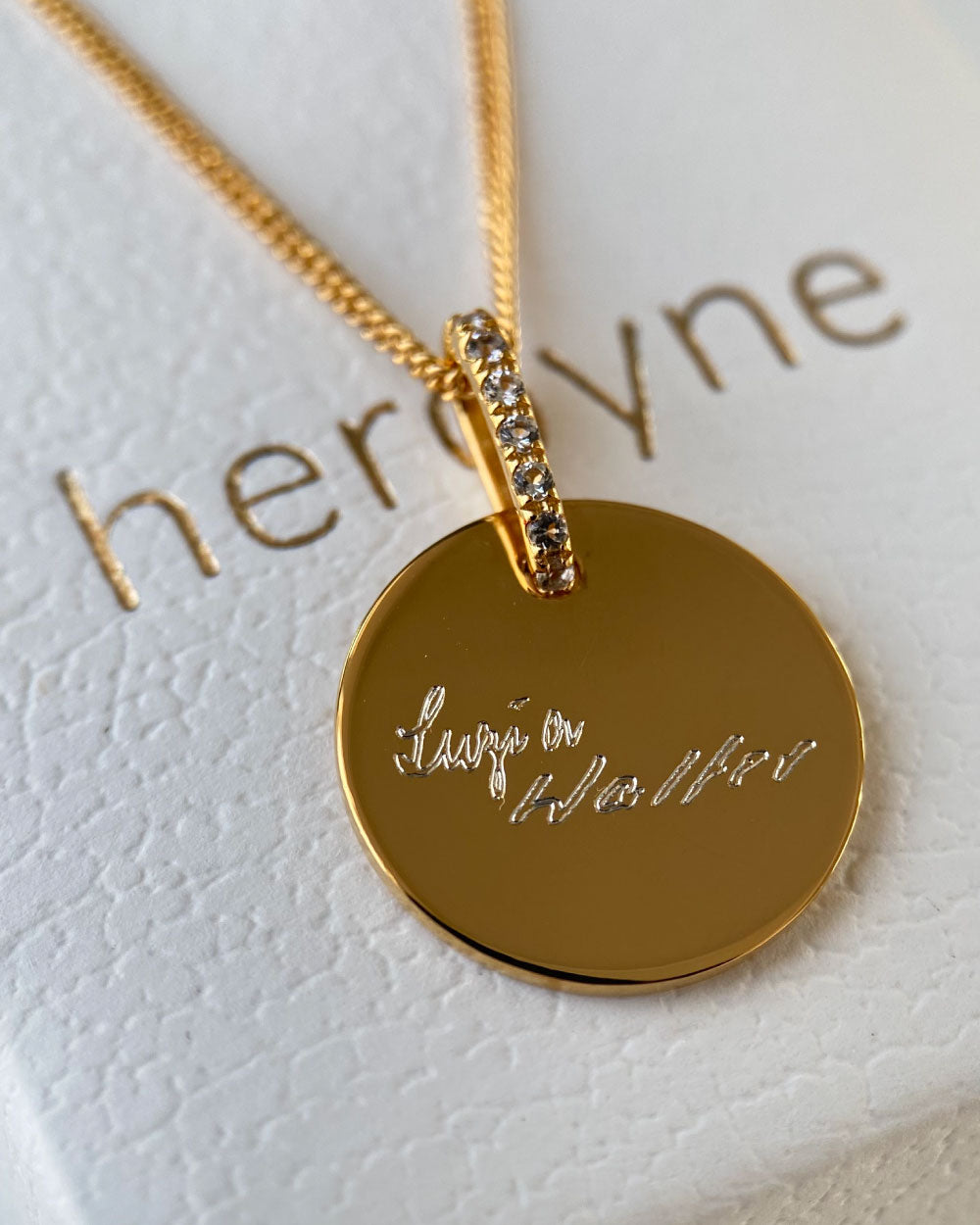 heroyne Engravable Topaz Disc Pendant 18k Gold Vermeil Handwriting 1